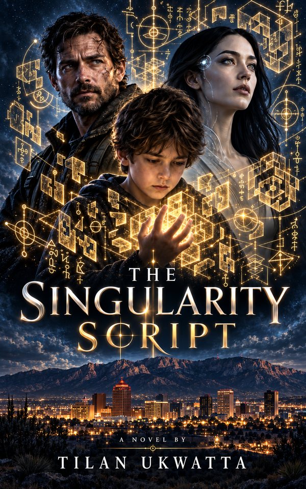 The Singularity Script book cover: a man, a boy and a woman surrounded by glowing gold symbols above the lights of Albuquerque at night